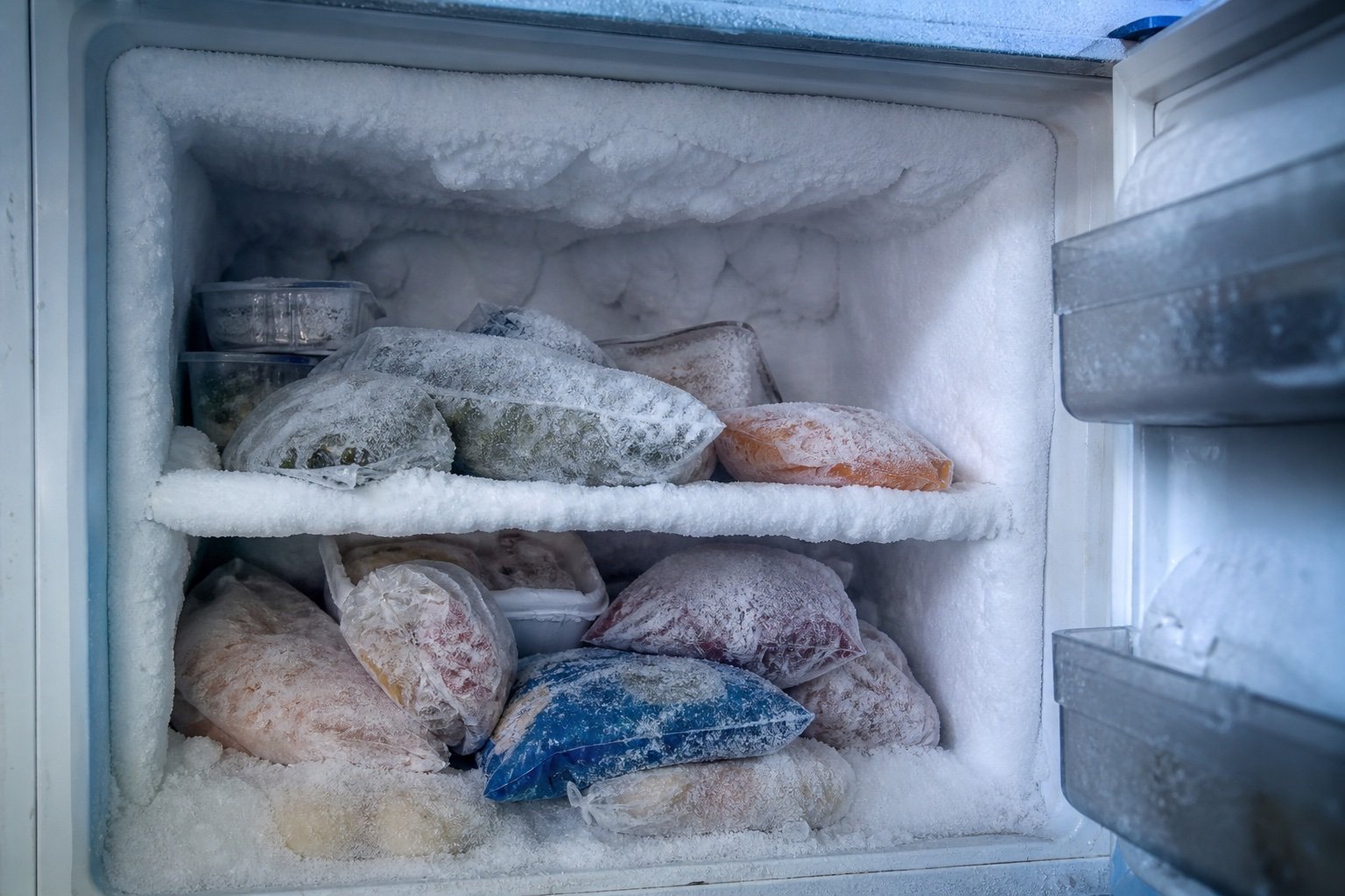 Refrigerator freezer with heavy frost buildup before repair