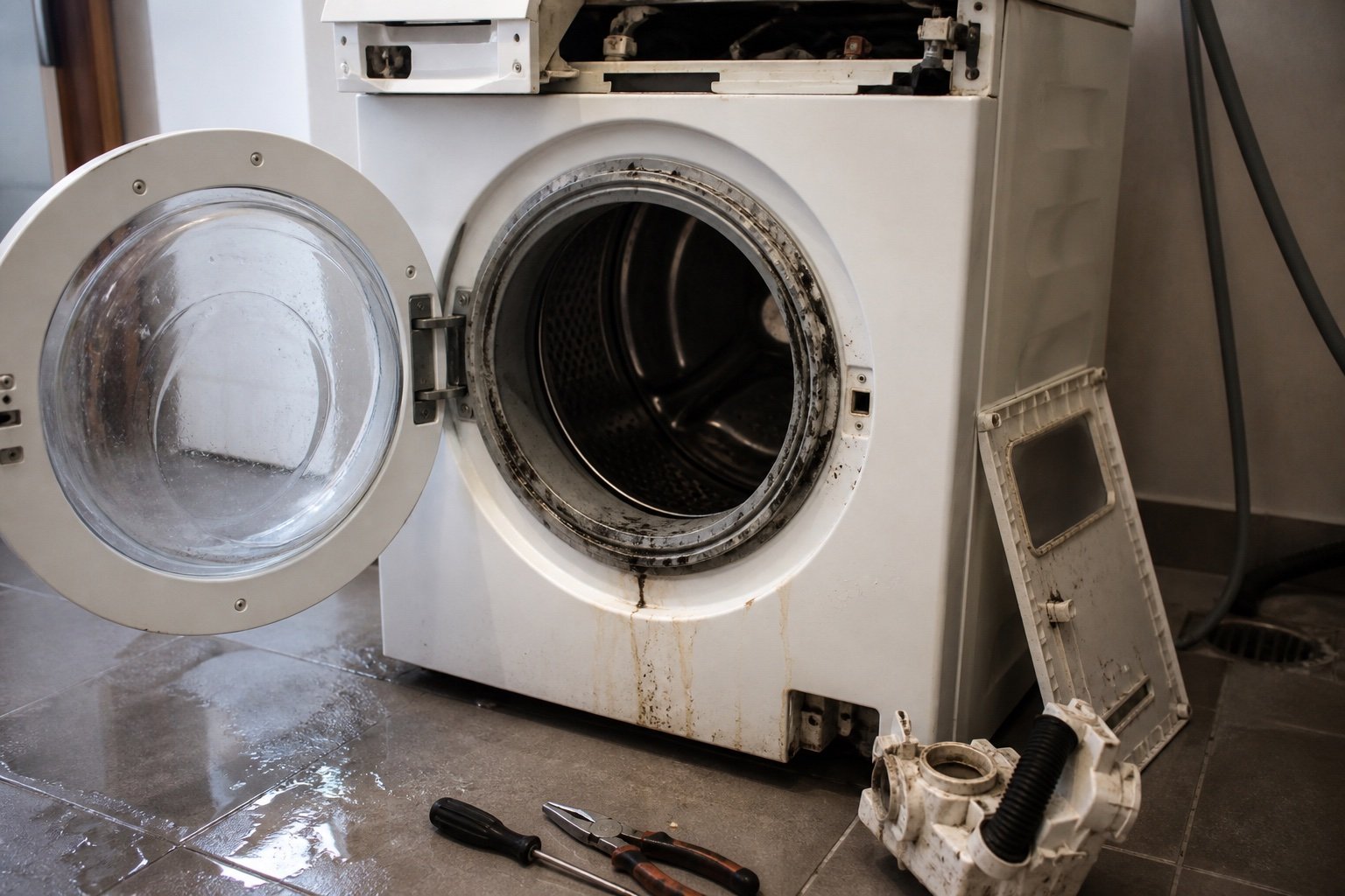 Dirty front-load washing machine needing repair